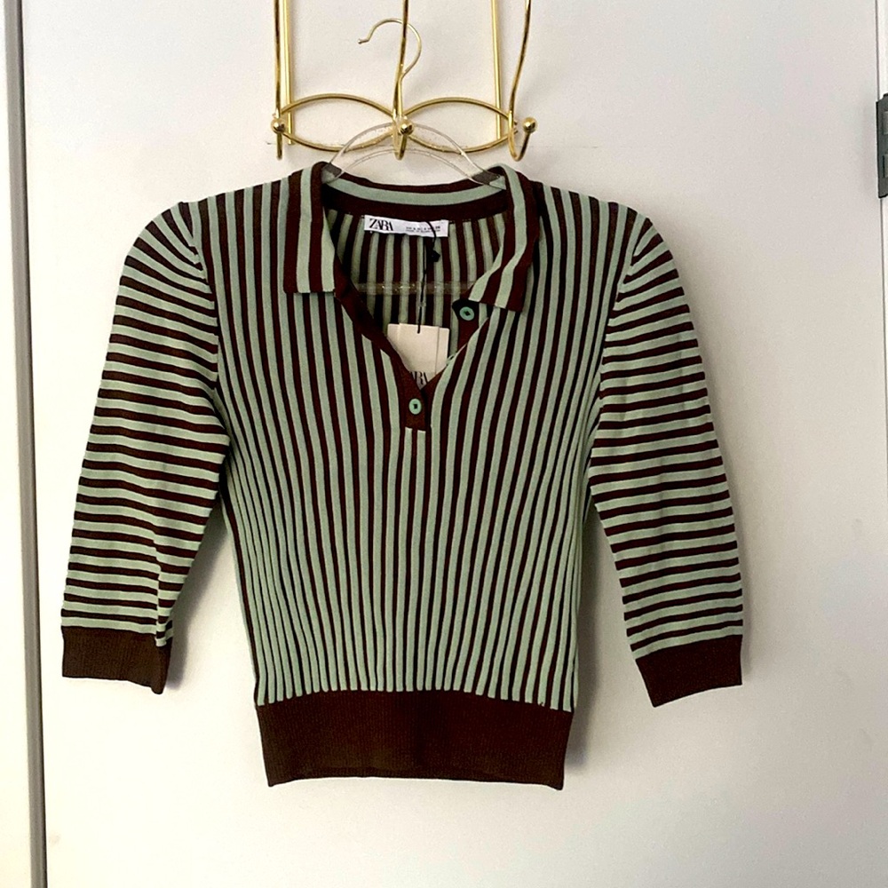 Zara Mint Green and Brown Striped Polo Knit Top